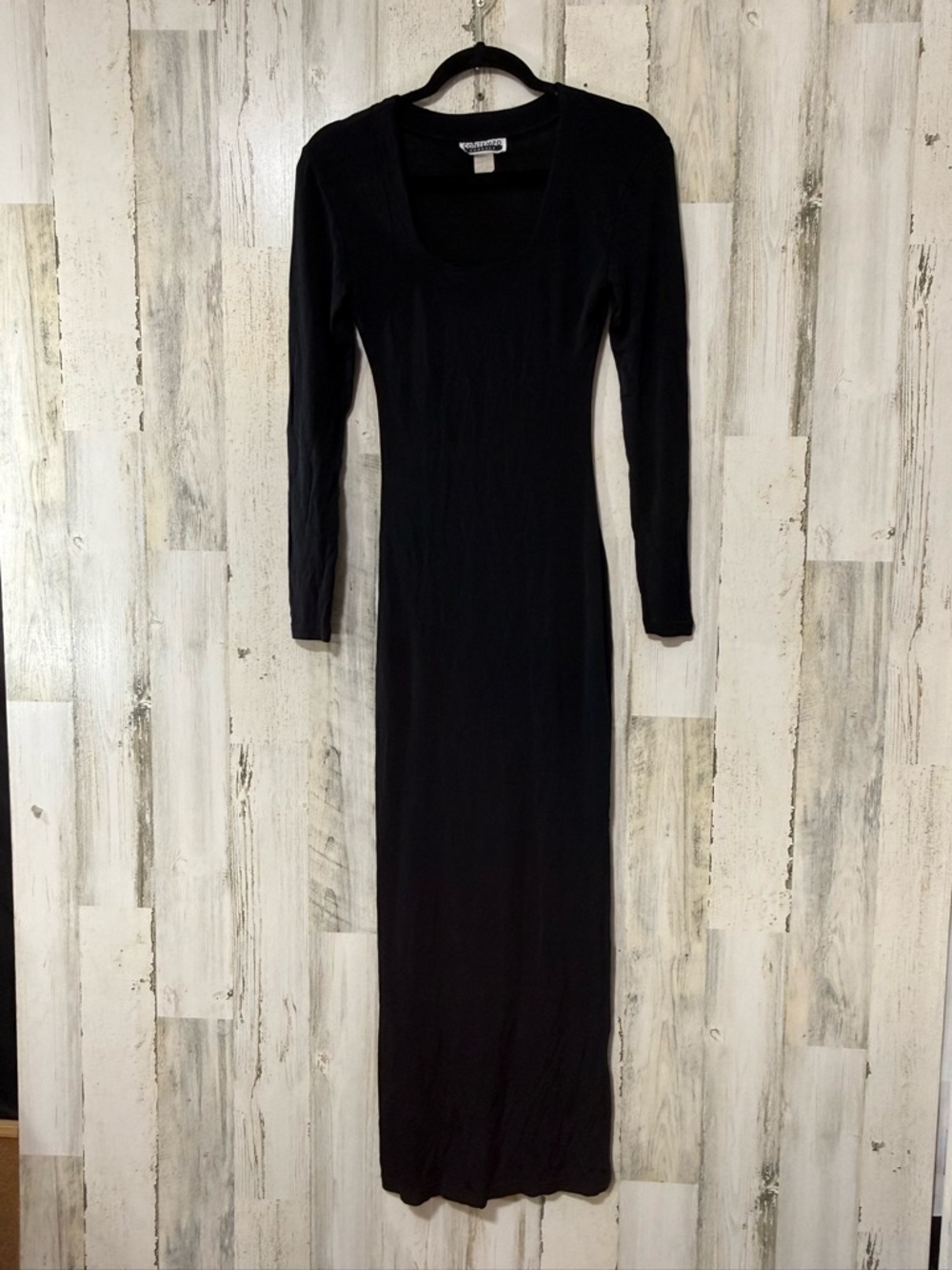Contempo Casuals Vintage Sheer fitted Black Long-Sleeve Maxi Dress Scoop Neck